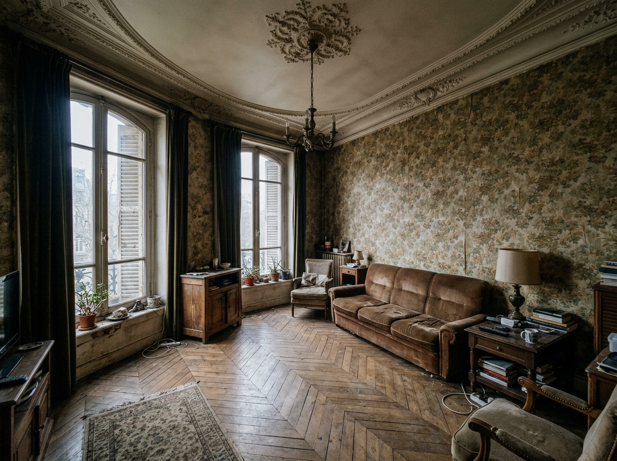 Salon d’un appartement ancien avant travaux : parquet usé, papier peint fleuri, moulures d’origine